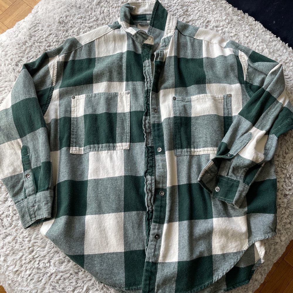 Green and White Checkered flannel Shirt